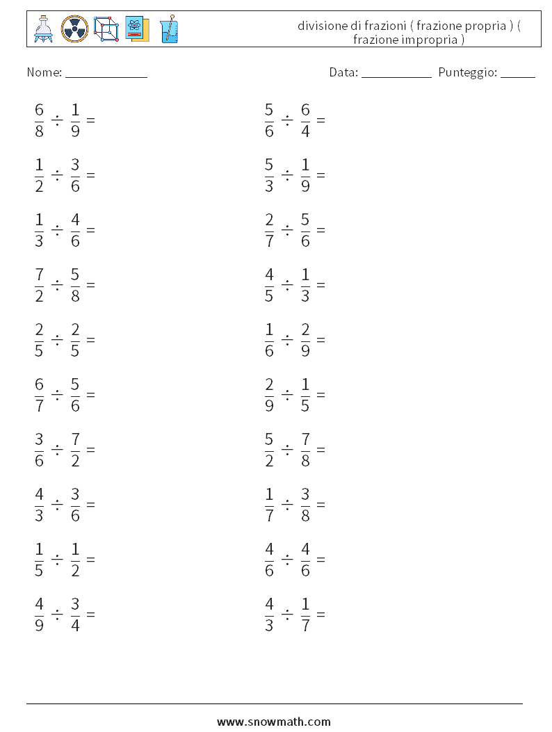 (20) divisione di frazioni ( frazione propria ) ( frazione impropria ) Fogli di lavoro di matematica 14
