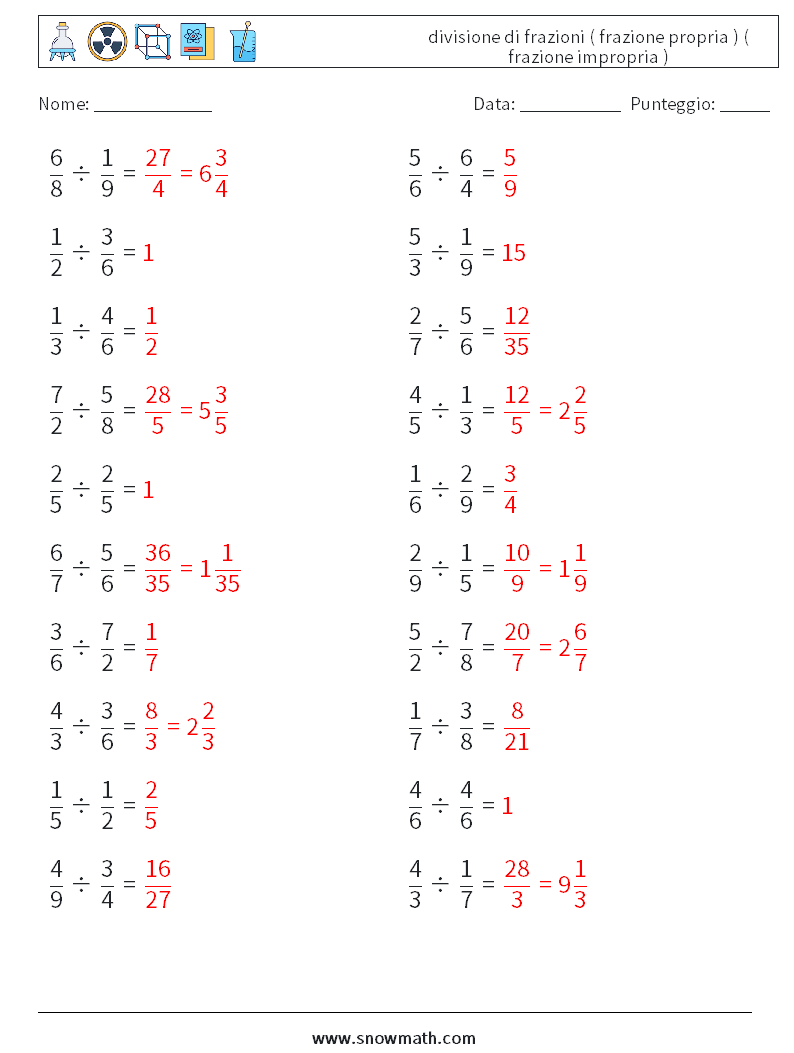 (20) divisione di frazioni ( frazione propria ) ( frazione impropria ) Fogli di lavoro di matematica 14 Domanda, Risposta