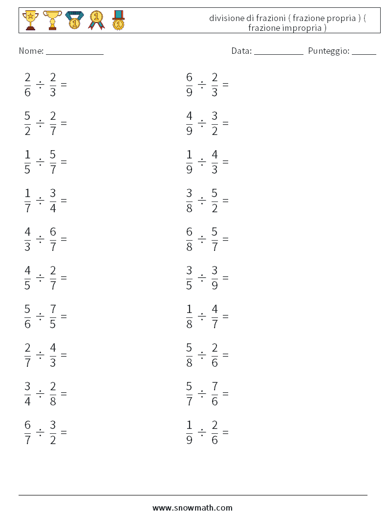 (20) divisione di frazioni ( frazione propria ) ( frazione impropria ) Fogli di lavoro di matematica 15
