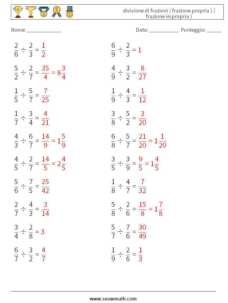 (20) divisione di frazioni ( frazione propria ) ( frazione impropria ) Fogli di lavoro di matematica 15 Domanda, Risposta