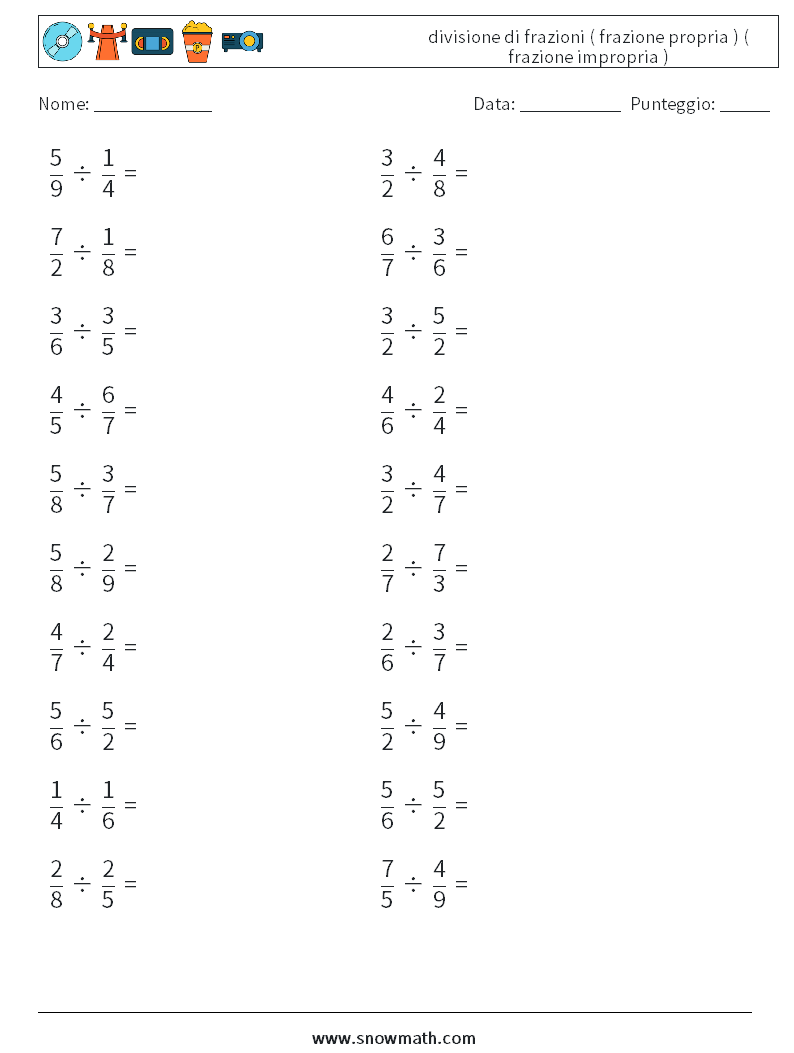 (20) divisione di frazioni ( frazione propria ) ( frazione impropria ) Fogli di lavoro di matematica 16