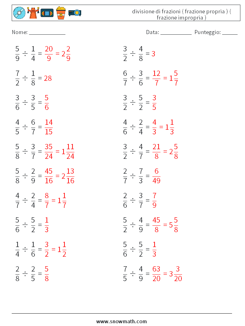 (20) divisione di frazioni ( frazione propria ) ( frazione impropria ) Fogli di lavoro di matematica 16 Domanda, Risposta