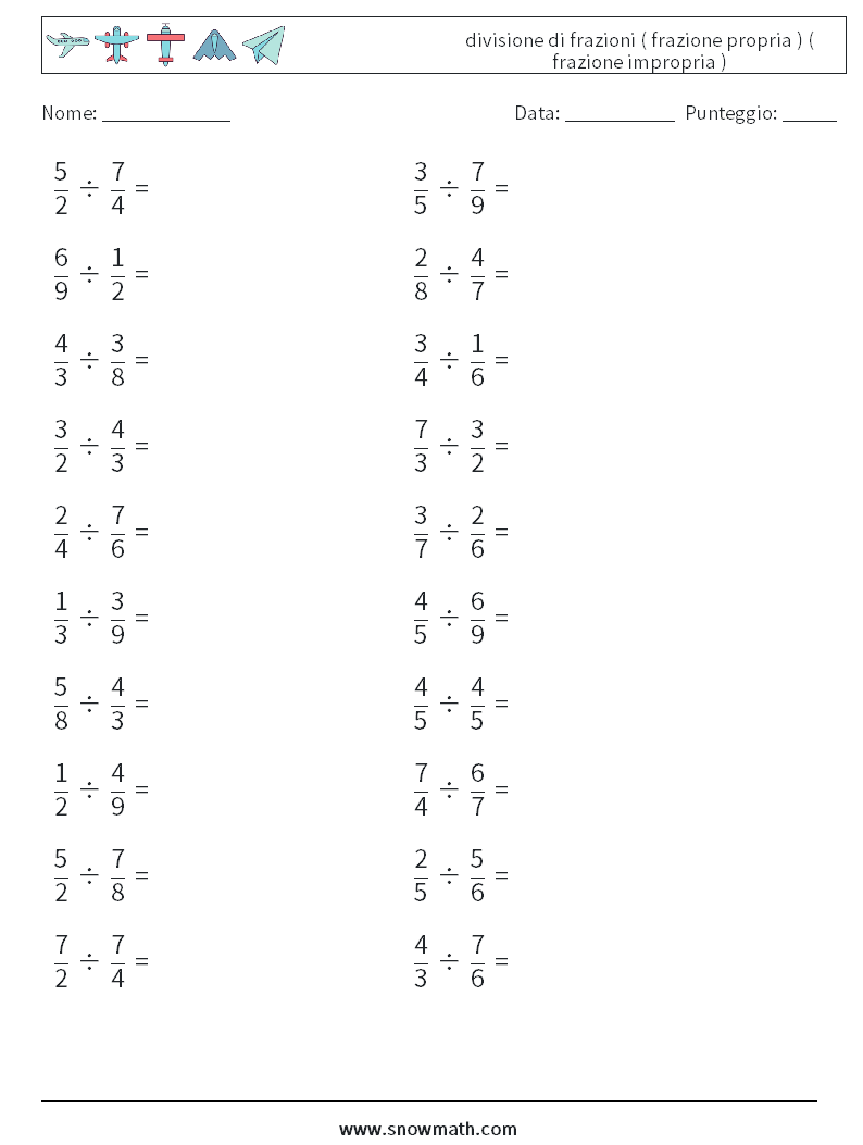 (20) divisione di frazioni ( frazione propria ) ( frazione impropria ) Fogli di lavoro di matematica 17