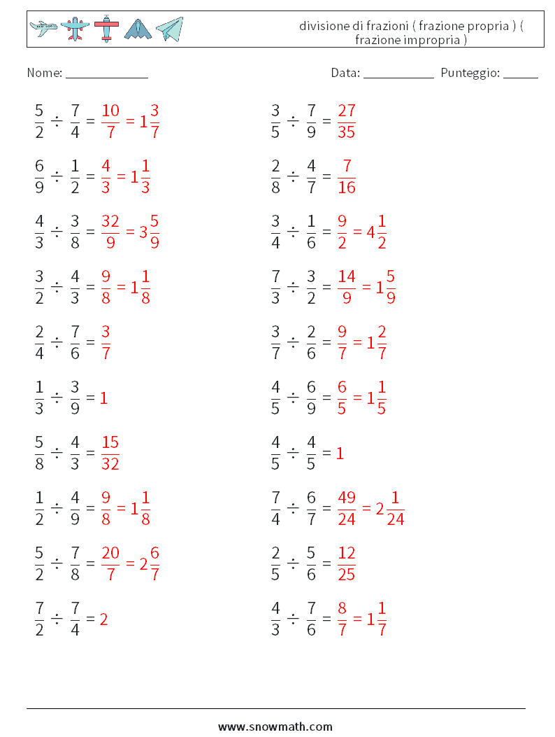 (20) divisione di frazioni ( frazione propria ) ( frazione impropria ) Fogli di lavoro di matematica 17 Domanda, Risposta