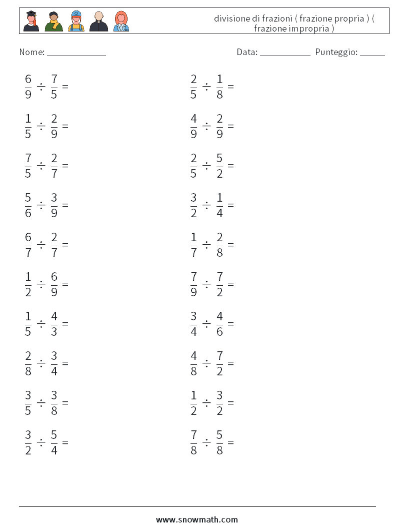 (20) divisione di frazioni ( frazione propria ) ( frazione impropria ) Fogli di lavoro di matematica 18