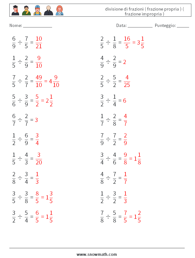 (20) divisione di frazioni ( frazione propria ) ( frazione impropria ) Fogli di lavoro di matematica 18 Domanda, Risposta