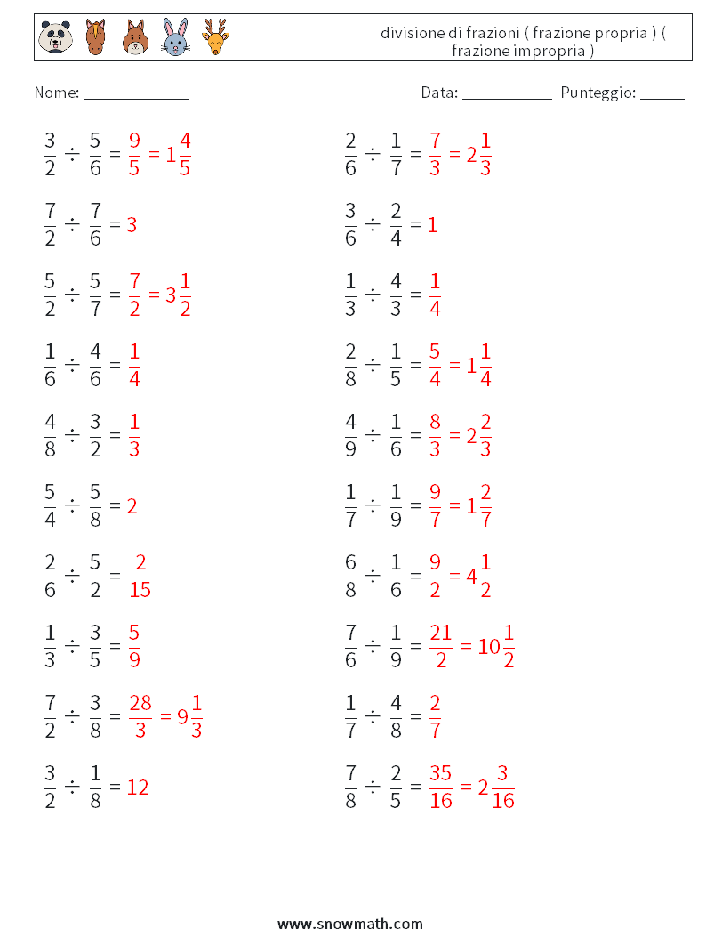 (20) divisione di frazioni ( frazione propria ) ( frazione impropria ) Fogli di lavoro di matematica 1 Domanda, Risposta
