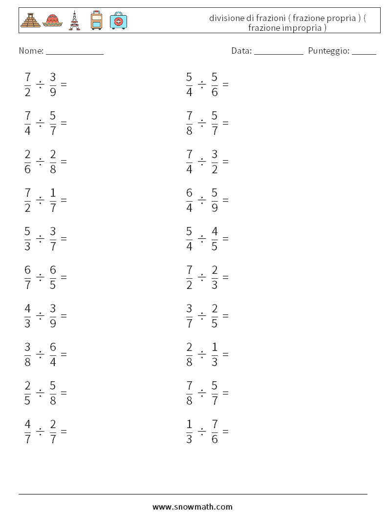 (20) divisione di frazioni ( frazione propria ) ( frazione impropria ) Fogli di lavoro di matematica 2