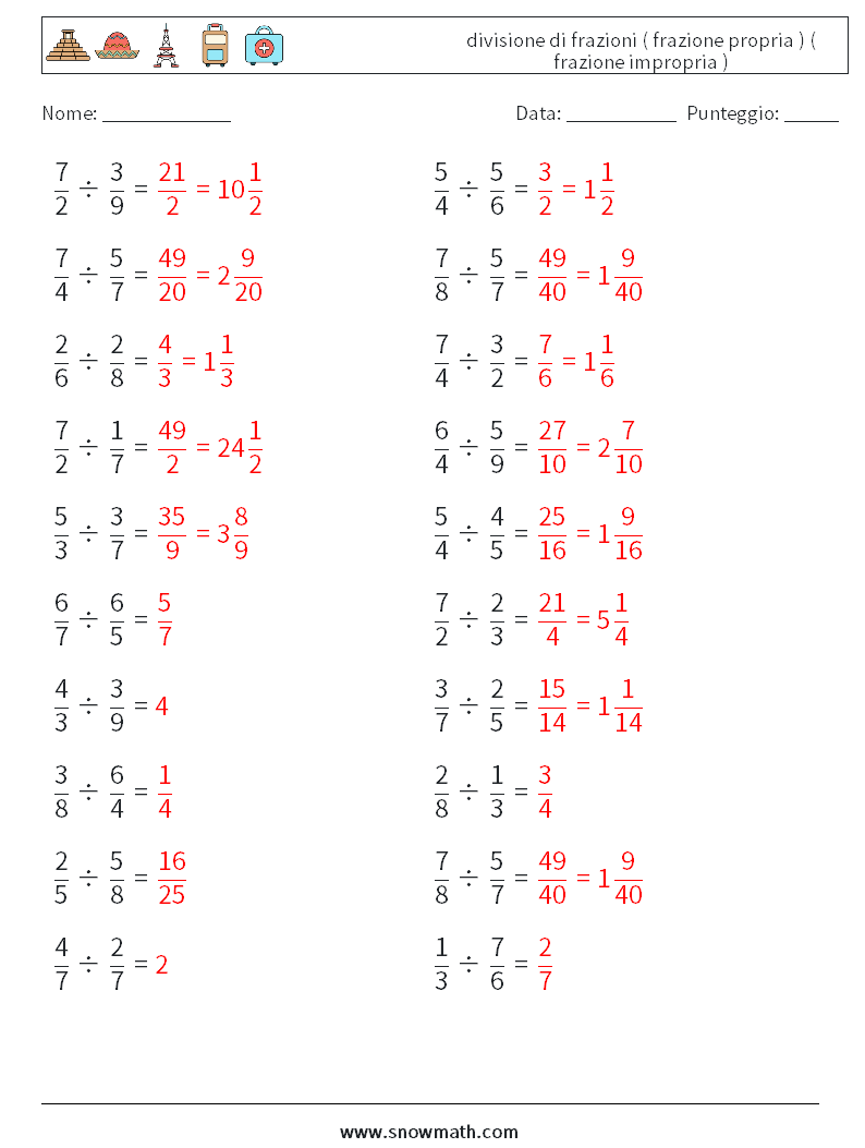 (20) divisione di frazioni ( frazione propria ) ( frazione impropria ) Fogli di lavoro di matematica 2 Domanda, Risposta