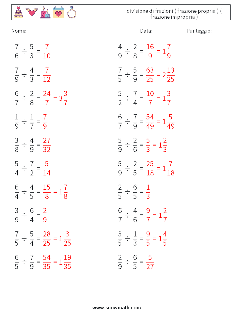(20) divisione di frazioni ( frazione propria ) ( frazione impropria ) Fogli di lavoro di matematica 3 Domanda, Risposta