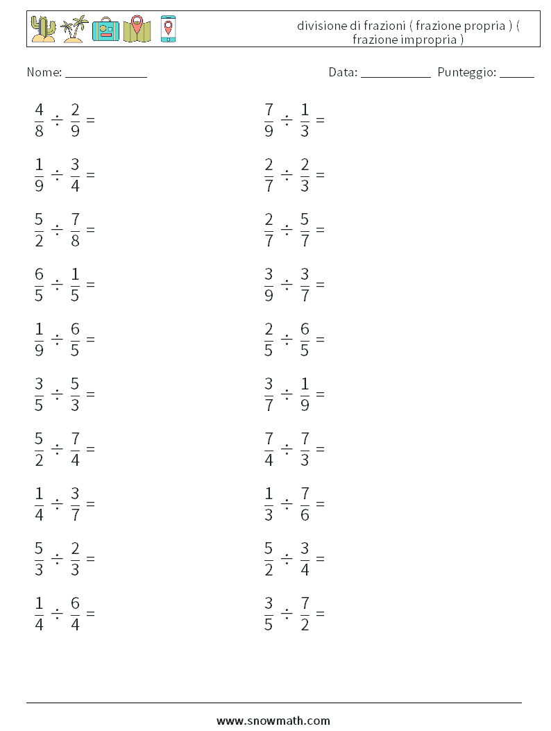 (20) divisione di frazioni ( frazione propria ) ( frazione impropria ) Fogli di lavoro di matematica 4