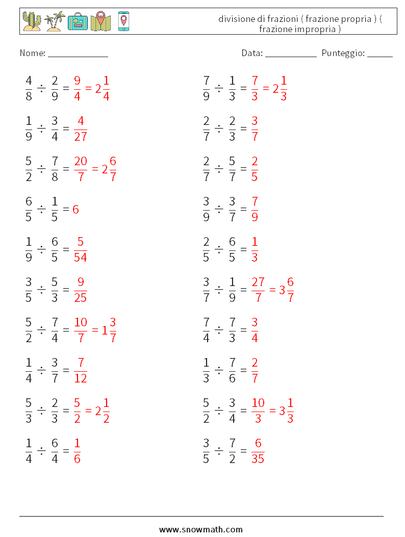 (20) divisione di frazioni ( frazione propria ) ( frazione impropria ) Fogli di lavoro di matematica 4 Domanda, Risposta