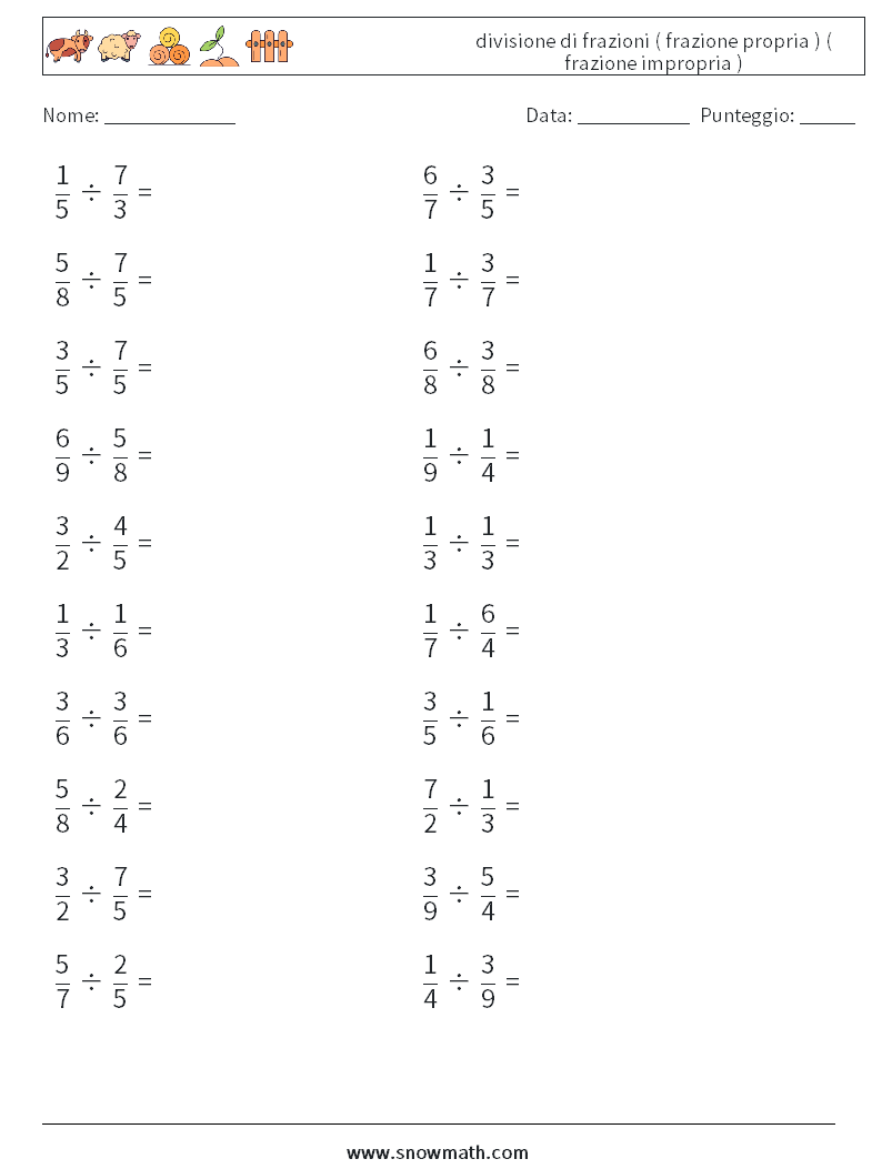 (20) divisione di frazioni ( frazione propria ) ( frazione impropria ) Fogli di lavoro di matematica 5