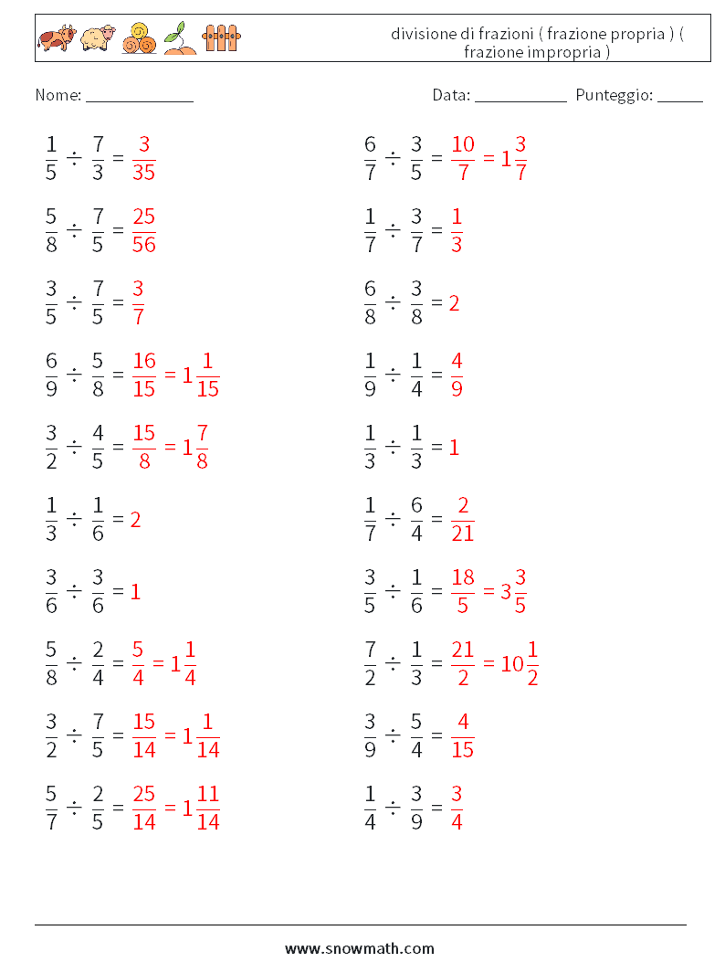 (20) divisione di frazioni ( frazione propria ) ( frazione impropria ) Fogli di lavoro di matematica 5 Domanda, Risposta