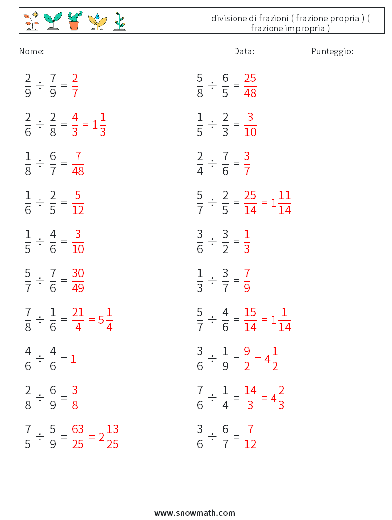 (20) divisione di frazioni ( frazione propria ) ( frazione impropria ) Fogli di lavoro di matematica 6 Domanda, Risposta