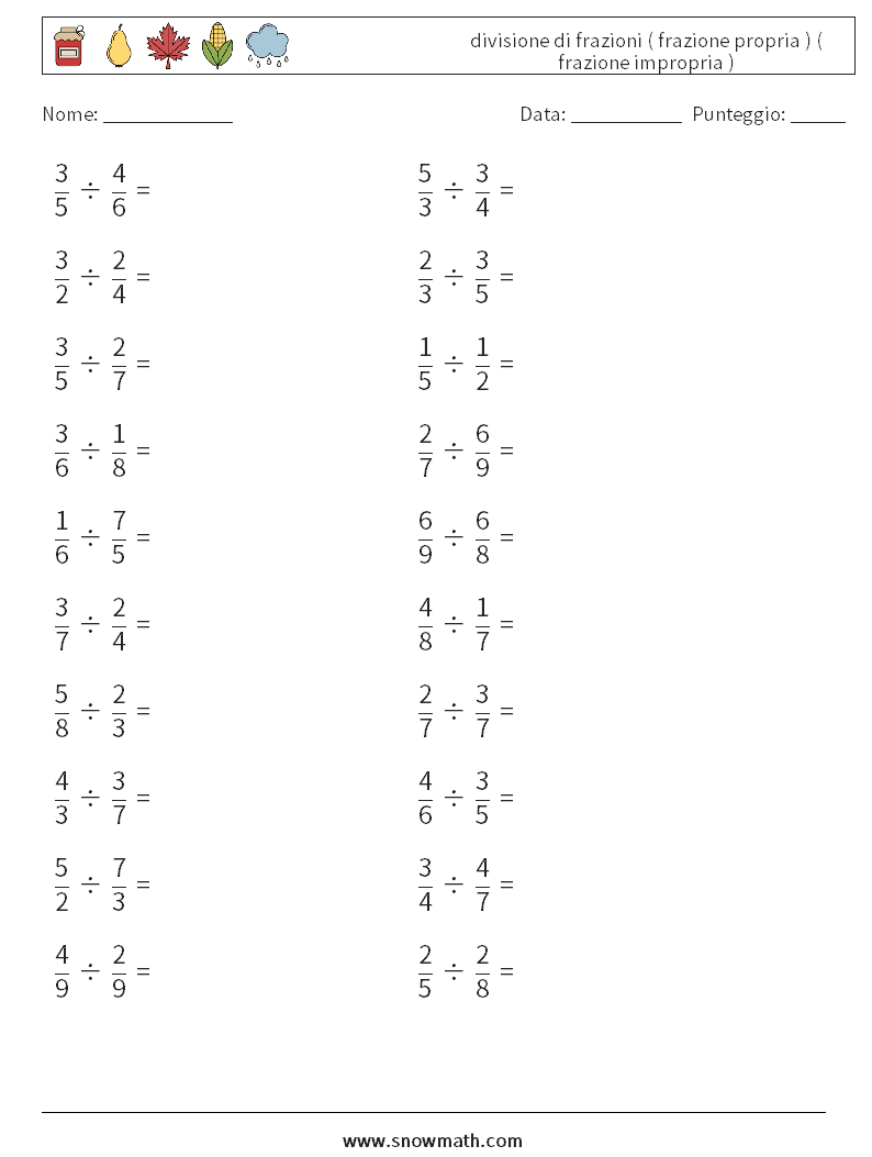 (20) divisione di frazioni ( frazione propria ) ( frazione impropria ) Fogli di lavoro di matematica 7
