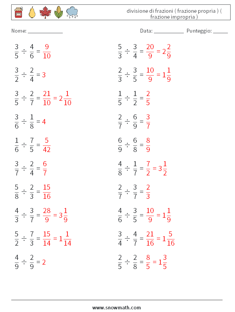 (20) divisione di frazioni ( frazione propria ) ( frazione impropria ) Fogli di lavoro di matematica 7 Domanda, Risposta