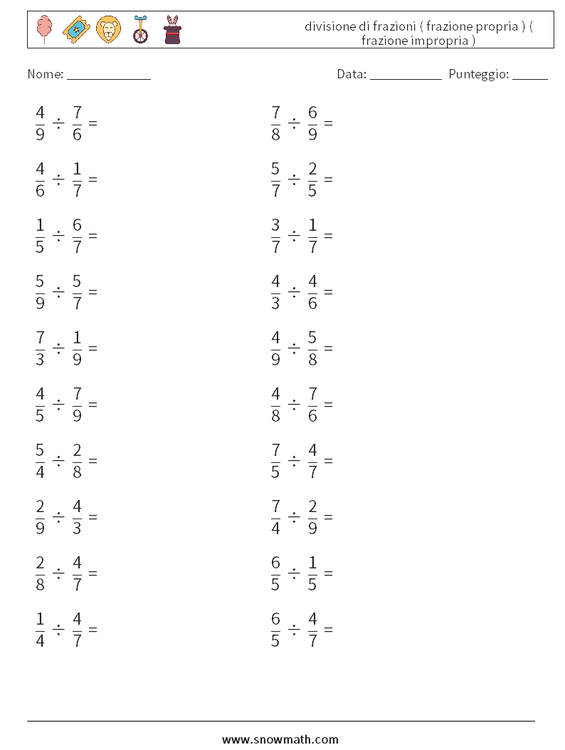 (20) divisione di frazioni ( frazione propria ) ( frazione impropria ) Fogli di lavoro di matematica 8