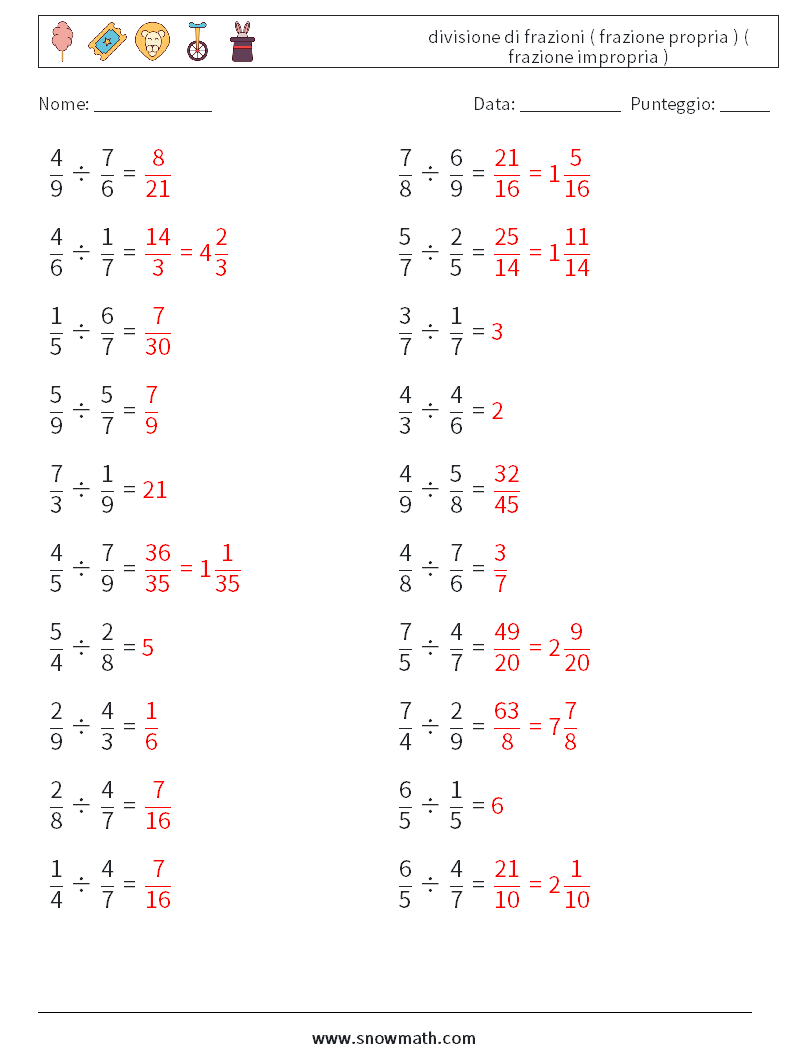 (20) divisione di frazioni ( frazione propria ) ( frazione impropria ) Fogli di lavoro di matematica 8 Domanda, Risposta