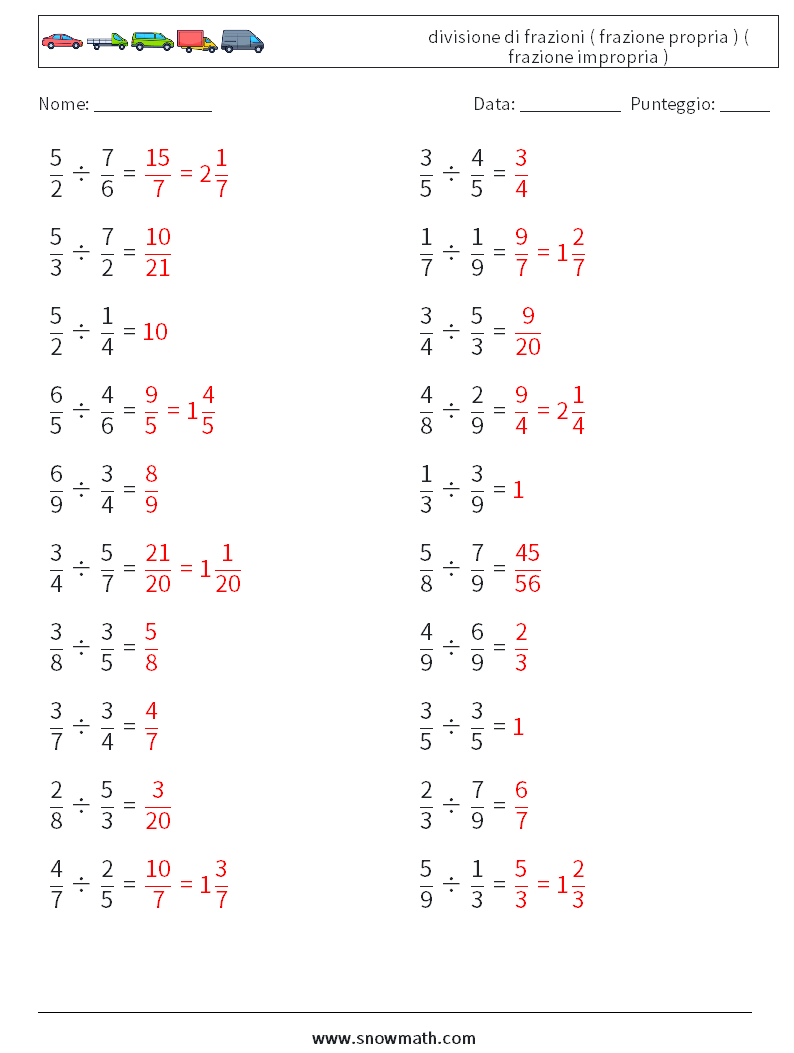 (20) divisione di frazioni ( frazione propria ) ( frazione impropria ) Fogli di lavoro di matematica 9 Domanda, Risposta