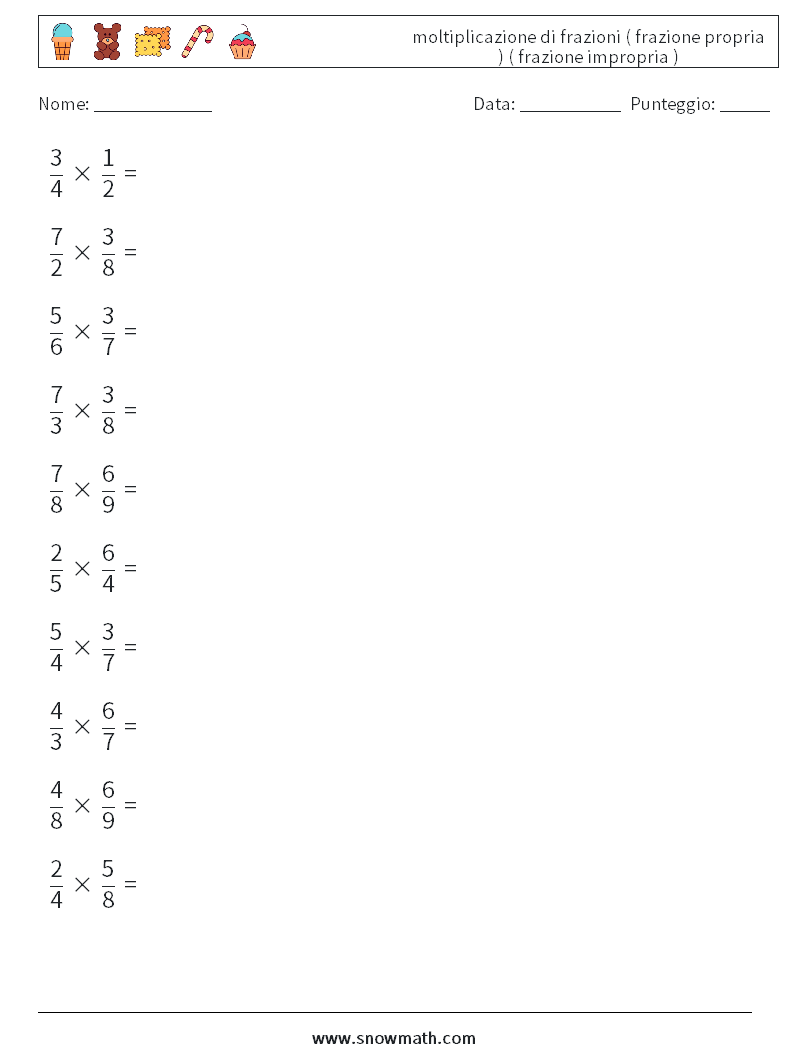 (10) moltiplicazione di frazioni ( frazione propria ) ( frazione impropria ) Fogli di lavoro di matematica 10