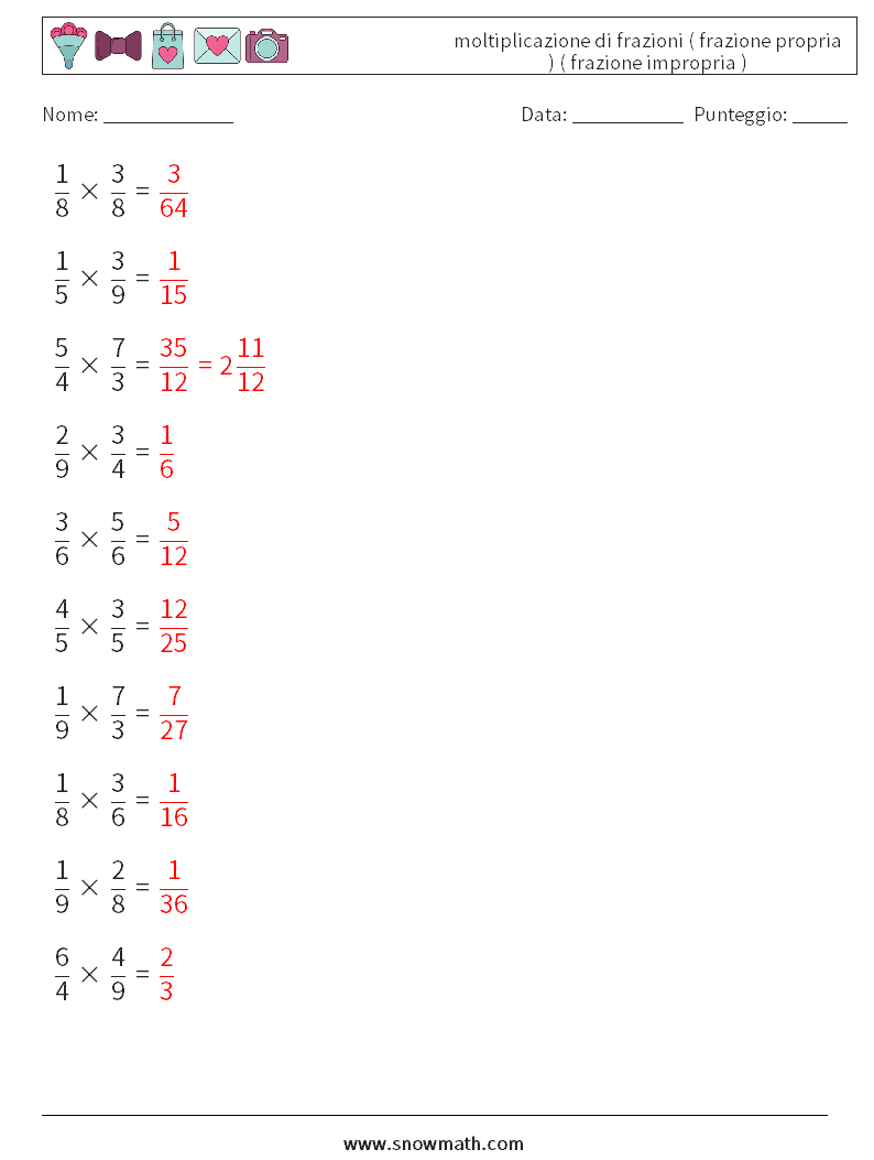 (10) moltiplicazione di frazioni ( frazione propria ) ( frazione impropria ) Fogli di lavoro di matematica 11 Domanda, Risposta