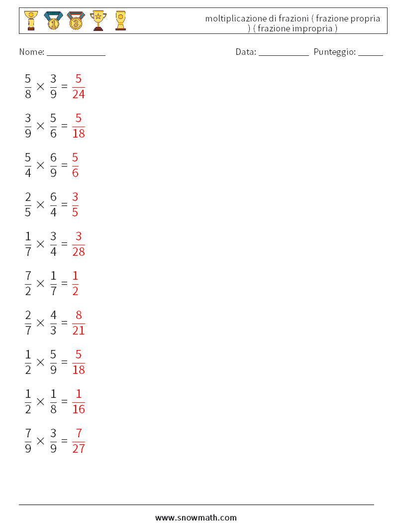 (10) moltiplicazione di frazioni ( frazione propria ) ( frazione impropria ) Fogli di lavoro di matematica 12 Domanda, Risposta