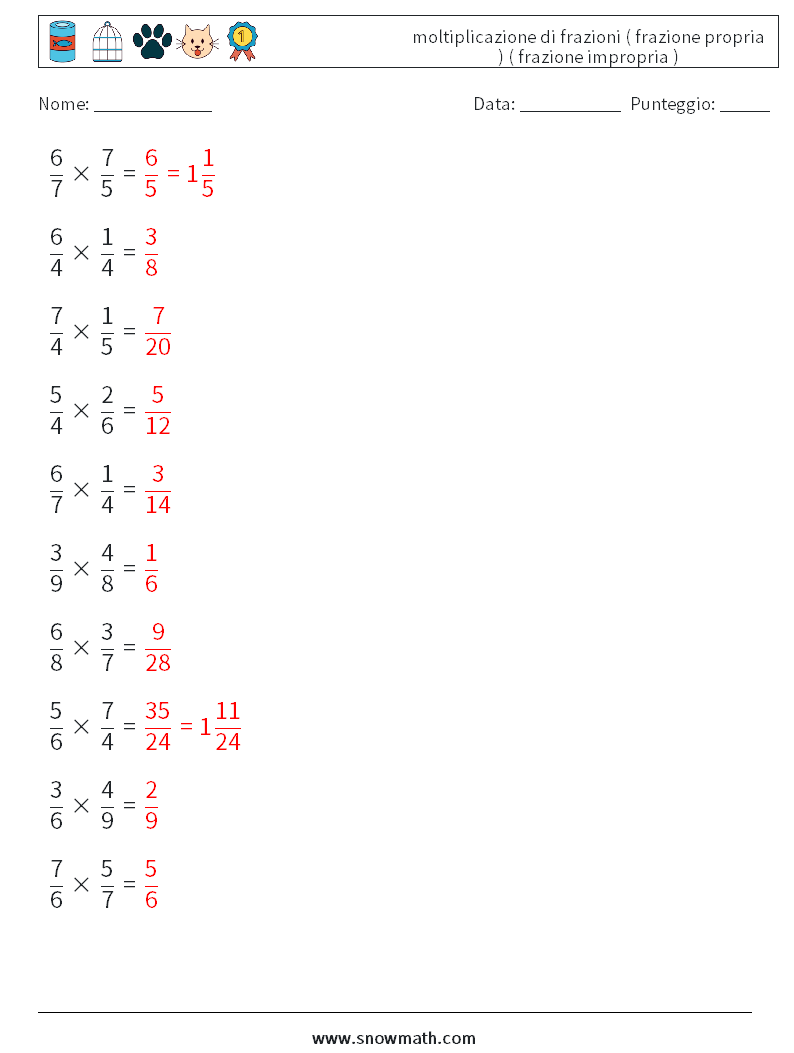 (10) moltiplicazione di frazioni ( frazione propria ) ( frazione impropria ) Fogli di lavoro di matematica 13 Domanda, Risposta
