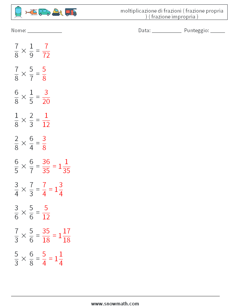 (10) moltiplicazione di frazioni ( frazione propria ) ( frazione impropria ) Fogli di lavoro di matematica 14 Domanda, Risposta