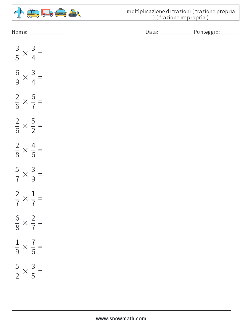 (10) moltiplicazione di frazioni ( frazione propria ) ( frazione impropria ) Fogli di lavoro di matematica 15