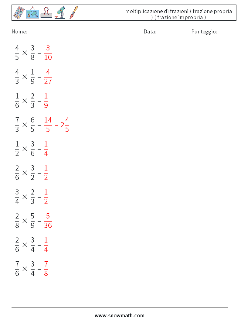 (10) moltiplicazione di frazioni ( frazione propria ) ( frazione impropria ) Fogli di lavoro di matematica 16 Domanda, Risposta