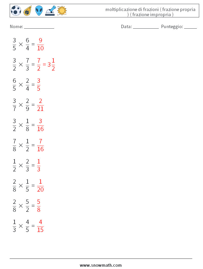 (10) moltiplicazione di frazioni ( frazione propria ) ( frazione impropria ) Fogli di lavoro di matematica 18 Domanda, Risposta