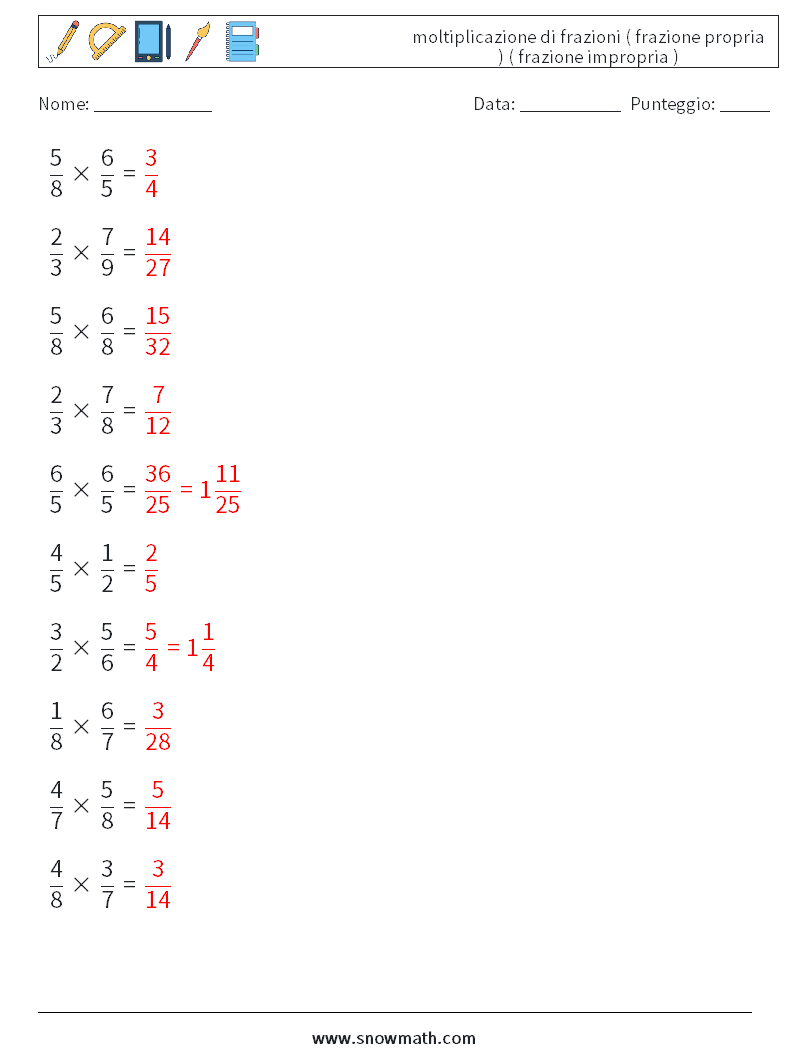 (10) moltiplicazione di frazioni ( frazione propria ) ( frazione impropria ) Fogli di lavoro di matematica 1 Domanda, Risposta