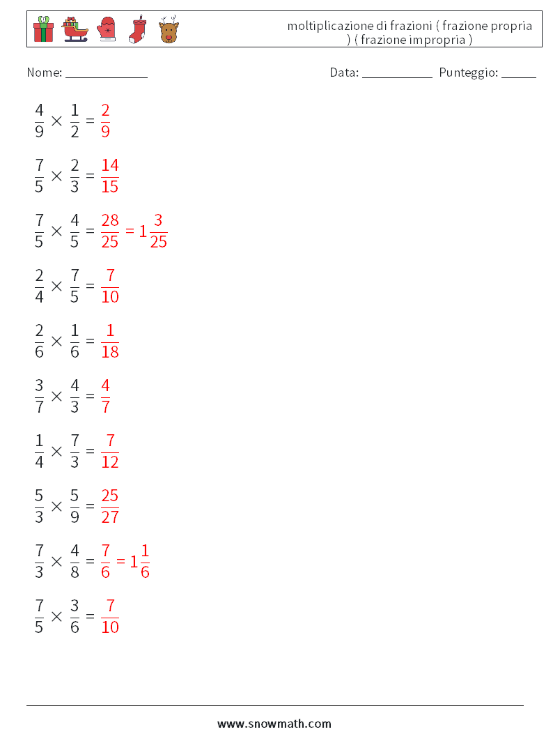 (10) moltiplicazione di frazioni ( frazione propria ) ( frazione impropria ) Fogli di lavoro di matematica 6 Domanda, Risposta