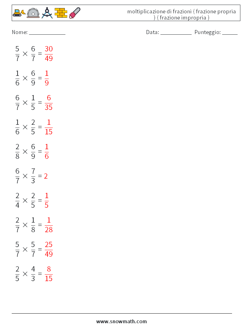 (10) moltiplicazione di frazioni ( frazione propria ) ( frazione impropria ) Fogli di lavoro di matematica 7 Domanda, Risposta