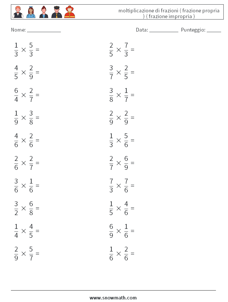 (20) moltiplicazione di frazioni ( frazione propria ) ( frazione impropria ) Fogli di lavoro di matematica 10