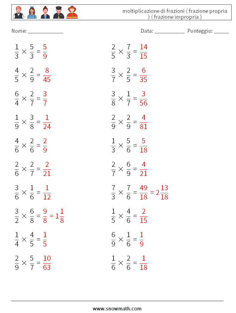 (20) moltiplicazione di frazioni ( frazione propria ) ( frazione impropria ) Fogli di lavoro di matematica 10 Domanda, Risposta