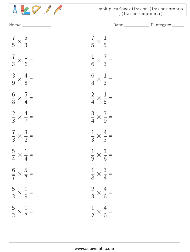 (20) moltiplicazione di frazioni ( frazione propria ) ( frazione impropria ) Fogli di lavoro di matematica 11