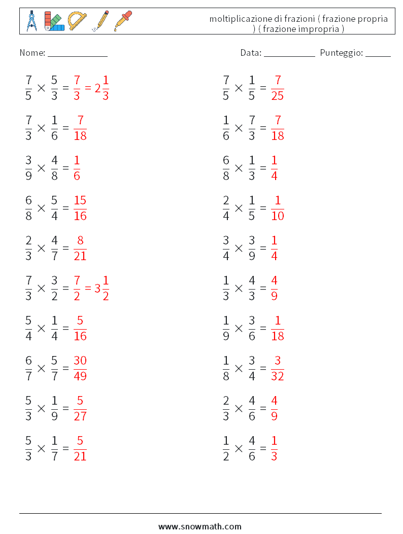 (20) moltiplicazione di frazioni ( frazione propria ) ( frazione impropria ) Fogli di lavoro di matematica 11 Domanda, Risposta