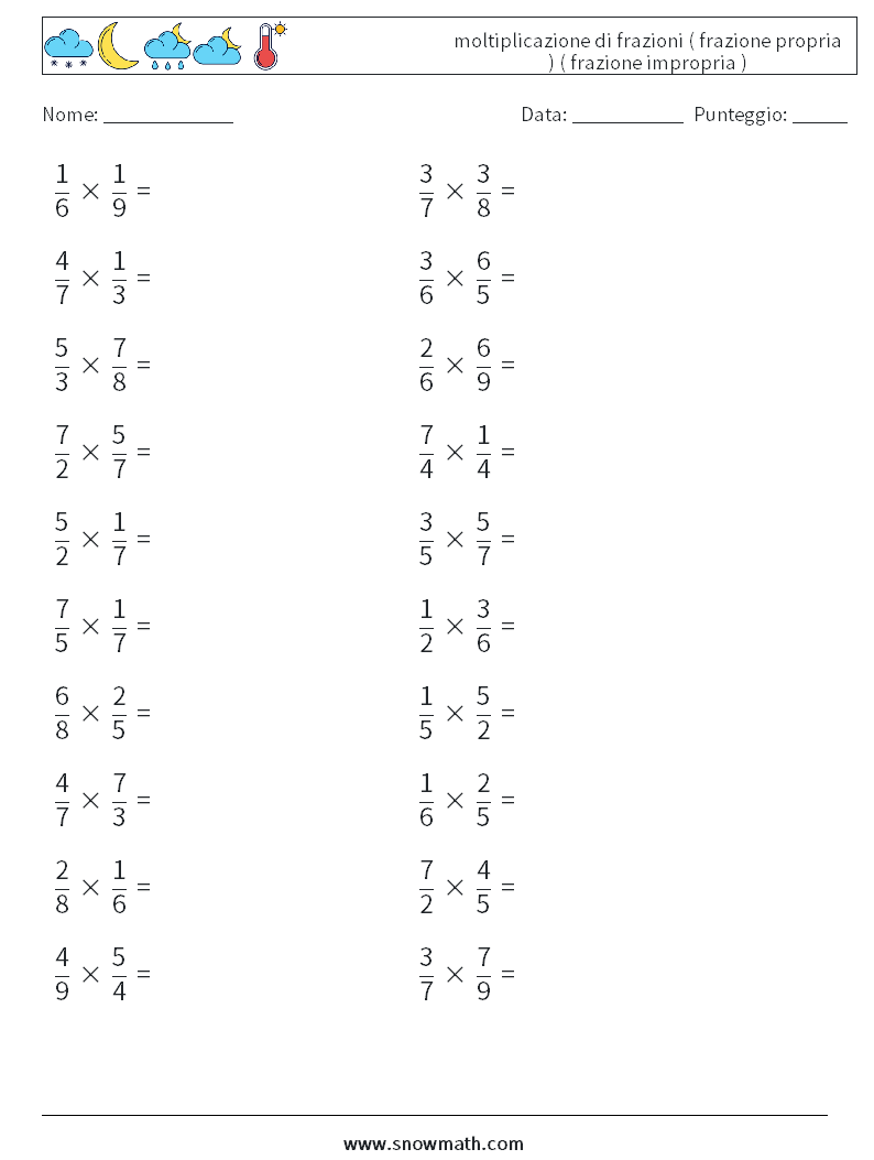 (20) moltiplicazione di frazioni ( frazione propria ) ( frazione impropria ) Fogli di lavoro di matematica 12