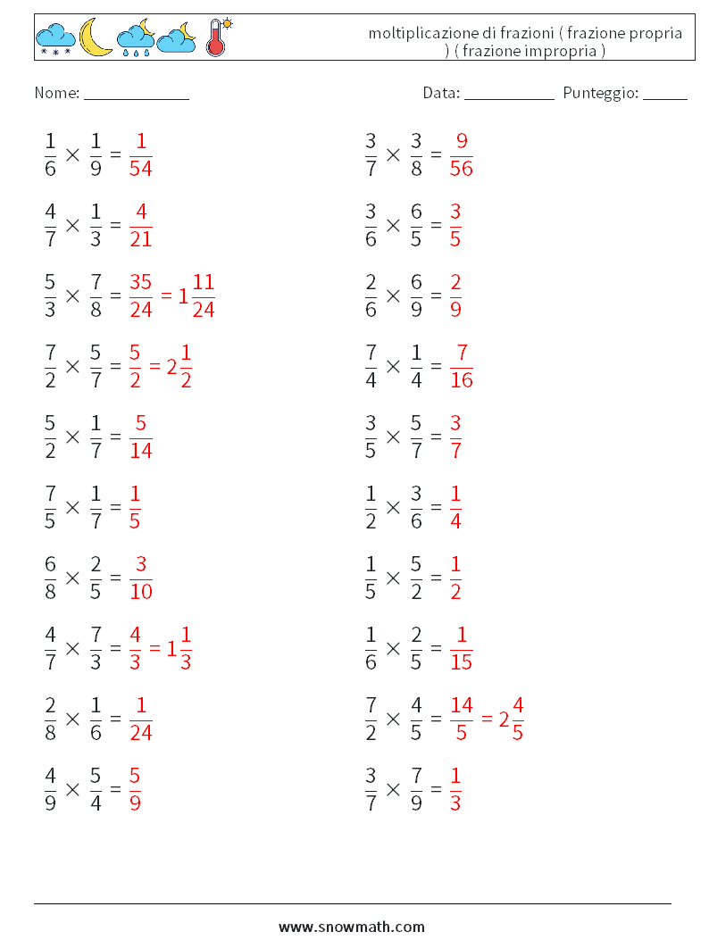 (20) moltiplicazione di frazioni ( frazione propria ) ( frazione impropria ) Fogli di lavoro di matematica 12 Domanda, Risposta