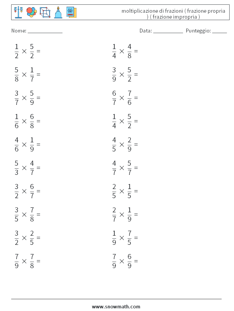 (20) moltiplicazione di frazioni ( frazione propria ) ( frazione impropria ) Fogli di lavoro di matematica 13