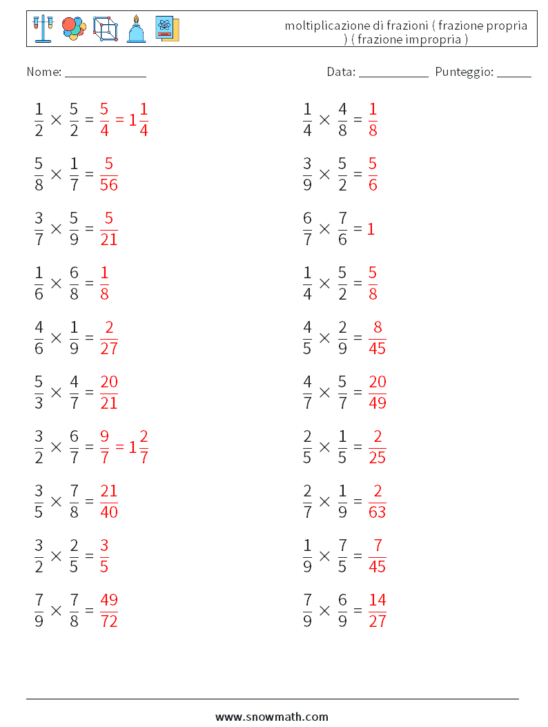 (20) moltiplicazione di frazioni ( frazione propria ) ( frazione impropria ) Fogli di lavoro di matematica 13 Domanda, Risposta