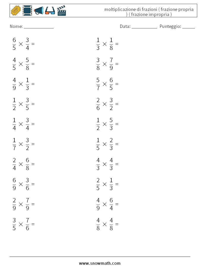 (20) moltiplicazione di frazioni ( frazione propria ) ( frazione impropria ) Fogli di lavoro di matematica 14