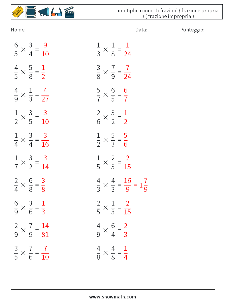 (20) moltiplicazione di frazioni ( frazione propria ) ( frazione impropria ) Fogli di lavoro di matematica 14 Domanda, Risposta