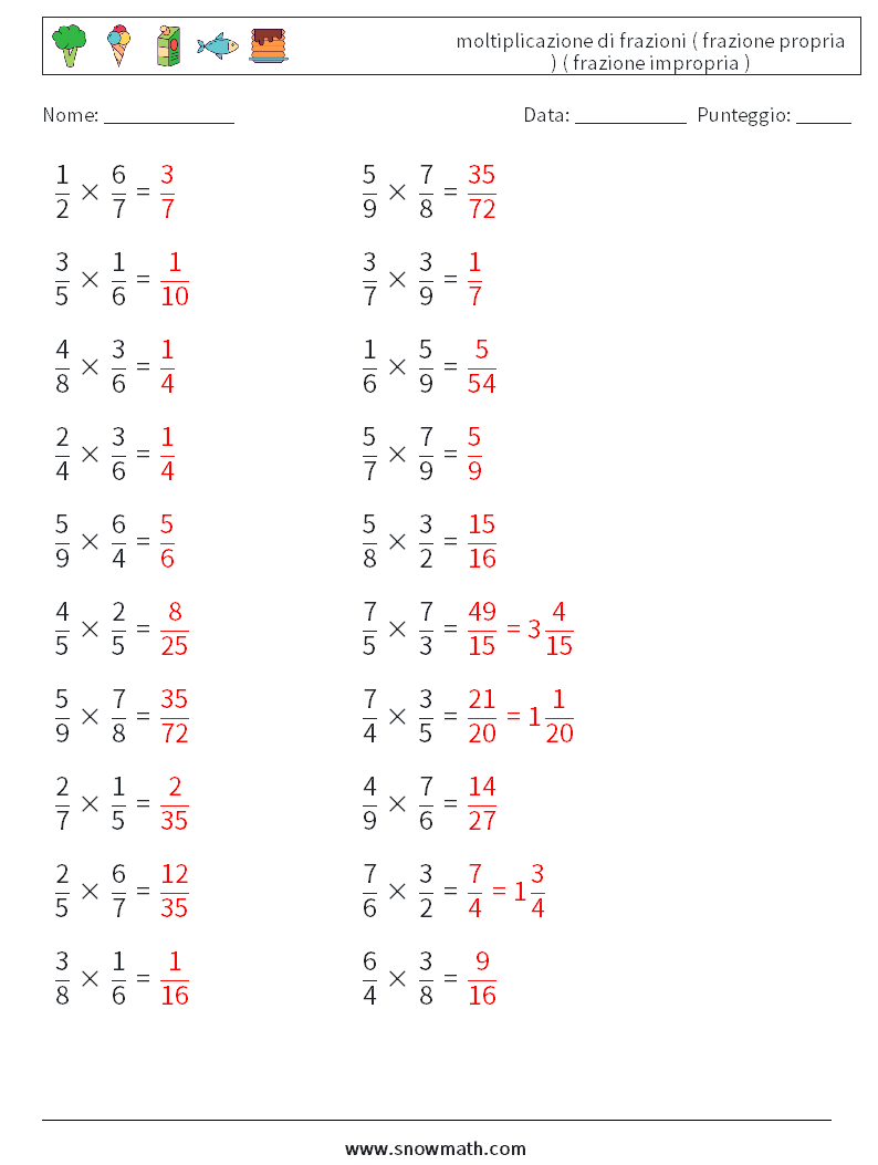 (20) moltiplicazione di frazioni ( frazione propria ) ( frazione impropria ) Fogli di lavoro di matematica 15 Domanda, Risposta