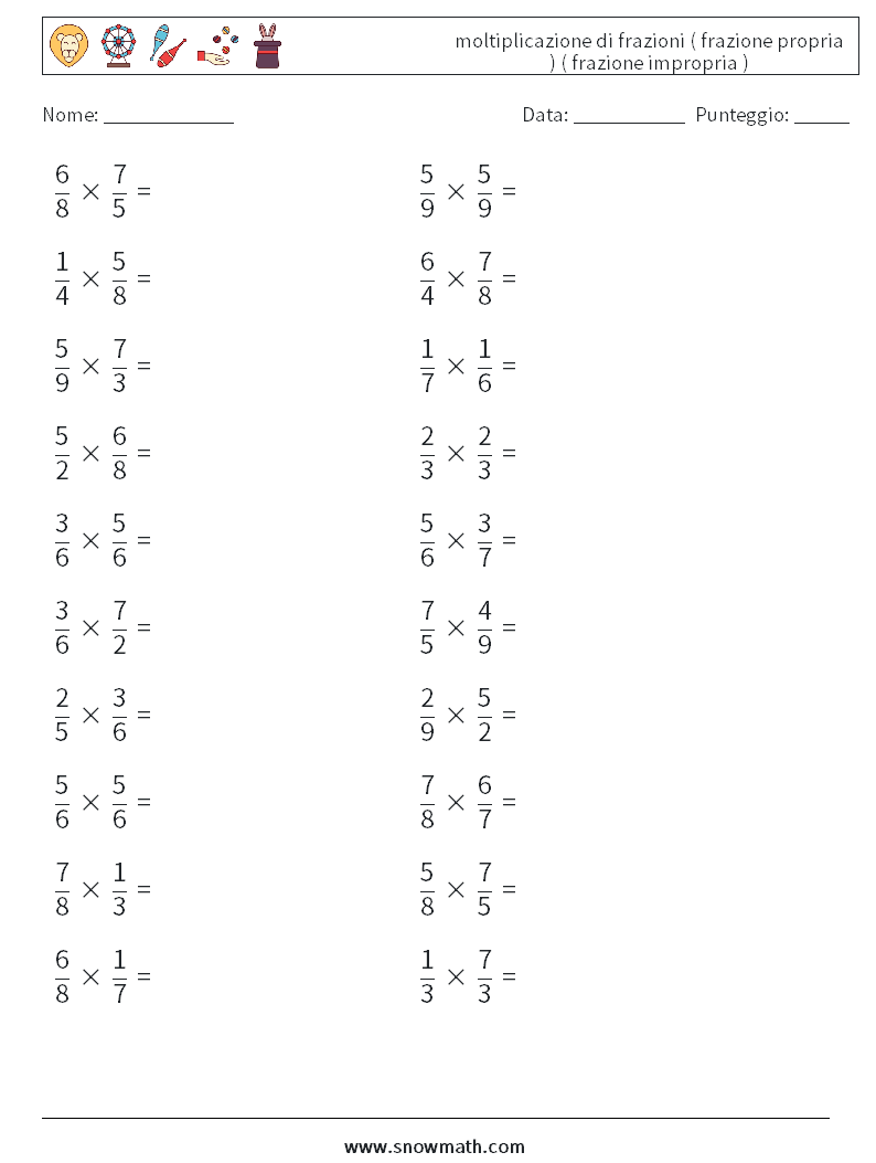 (20) moltiplicazione di frazioni ( frazione propria ) ( frazione impropria ) Fogli di lavoro di matematica 16