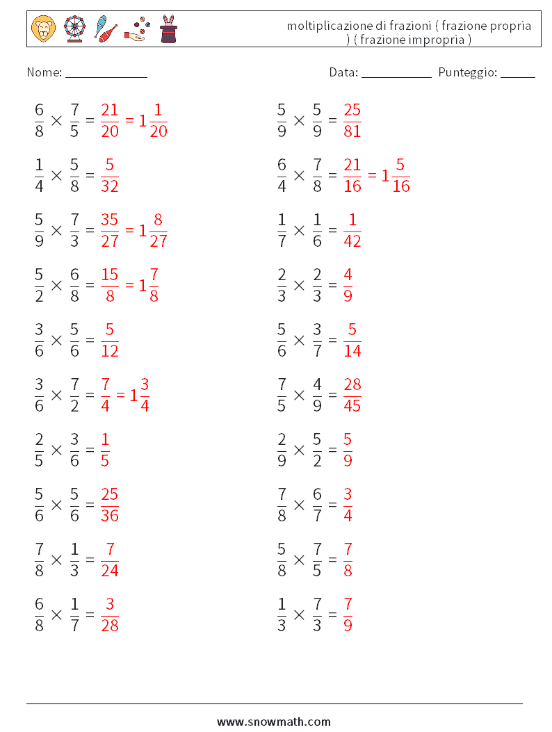 (20) moltiplicazione di frazioni ( frazione propria ) ( frazione impropria ) Fogli di lavoro di matematica 16 Domanda, Risposta