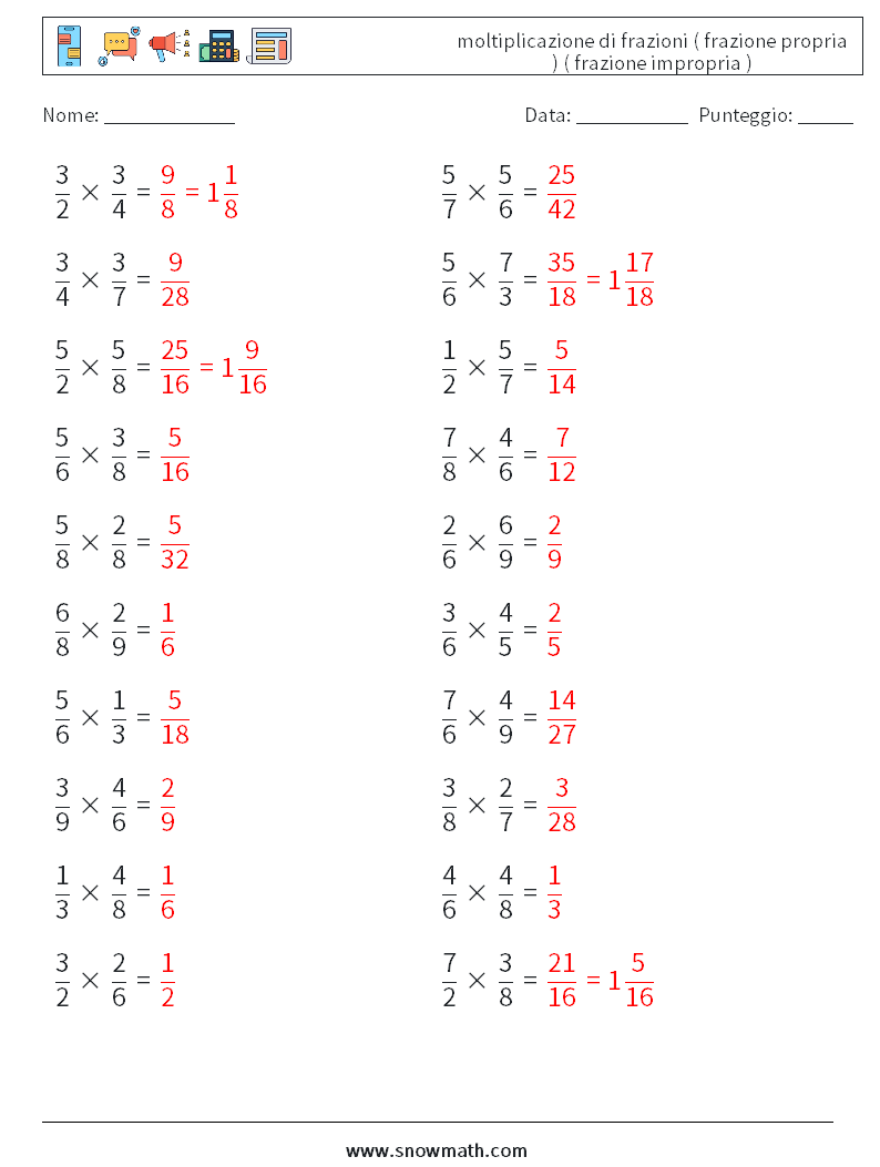 (20) moltiplicazione di frazioni ( frazione propria ) ( frazione impropria ) Fogli di lavoro di matematica 17 Domanda, Risposta