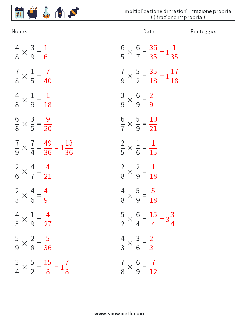 (20) moltiplicazione di frazioni ( frazione propria ) ( frazione impropria ) Fogli di lavoro di matematica 18 Domanda, Risposta